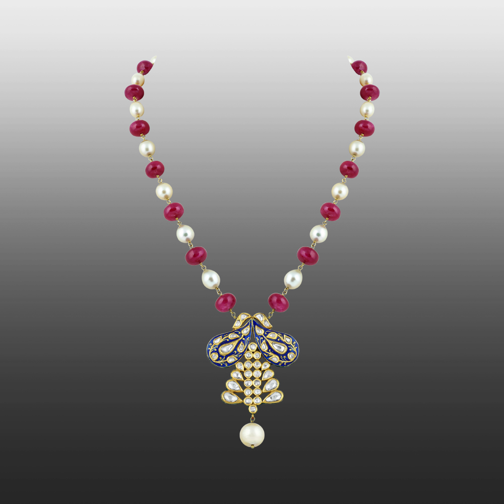 Polki Pendant Necklace with Blue Enamel Pendant